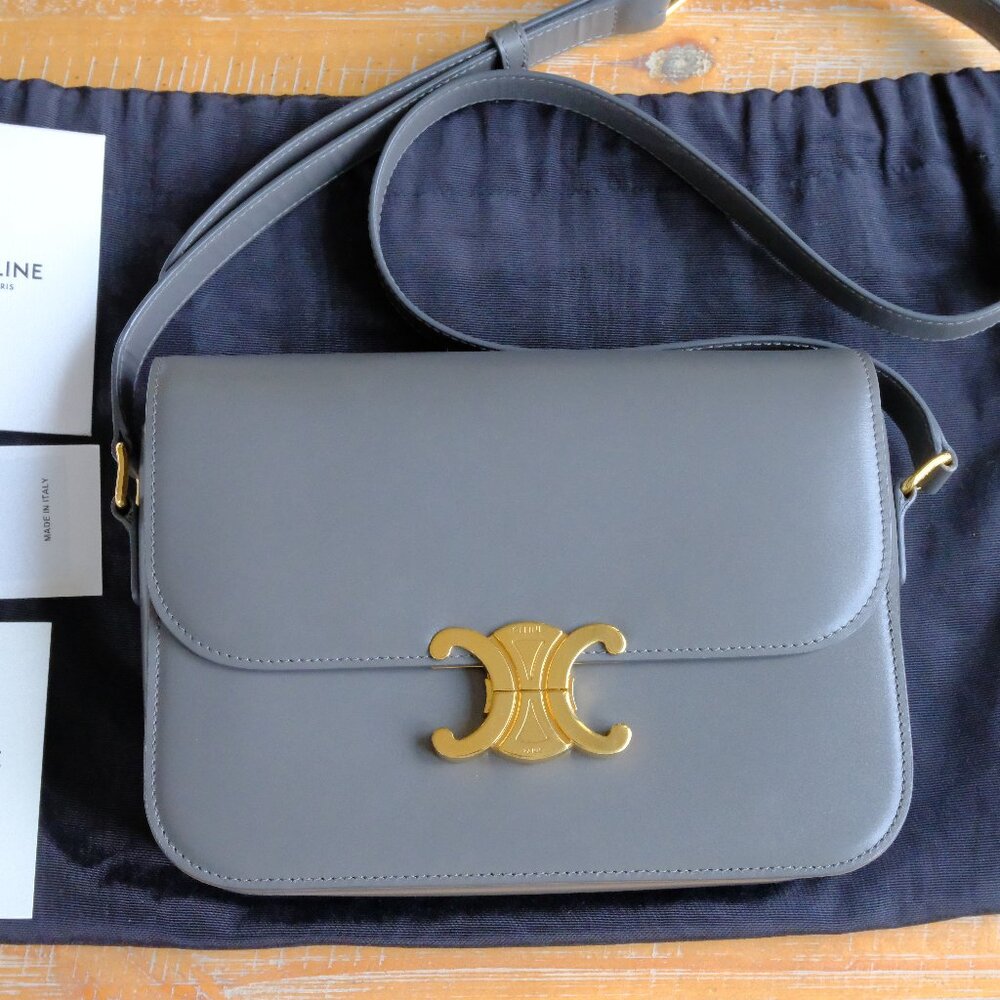 CELINE Triomphe Shoulder Bag Medium Grey Leather